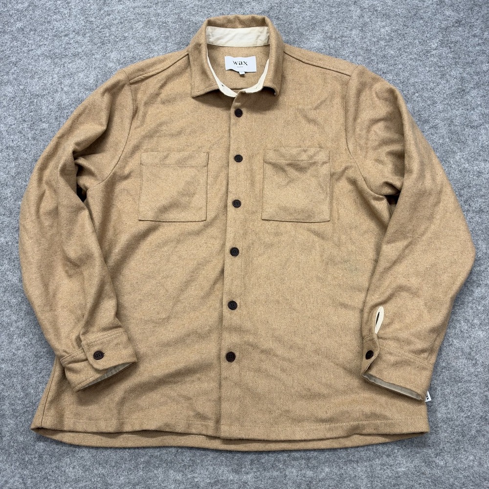 Wax London Shirt Mens Large Beige Wool Blend Flannel Button Up Pockets Overshirt